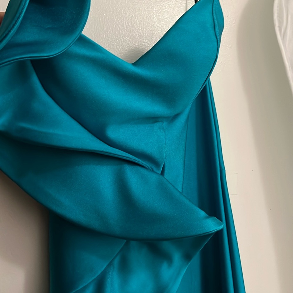 Nicole Bakti Teal Strapless Flutter Dress